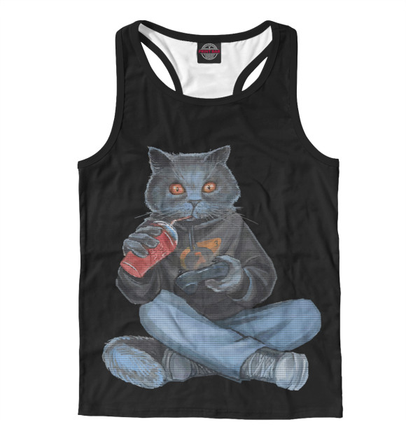 Мужская майка-борцовка с изображением Кот геймер цвета Белый