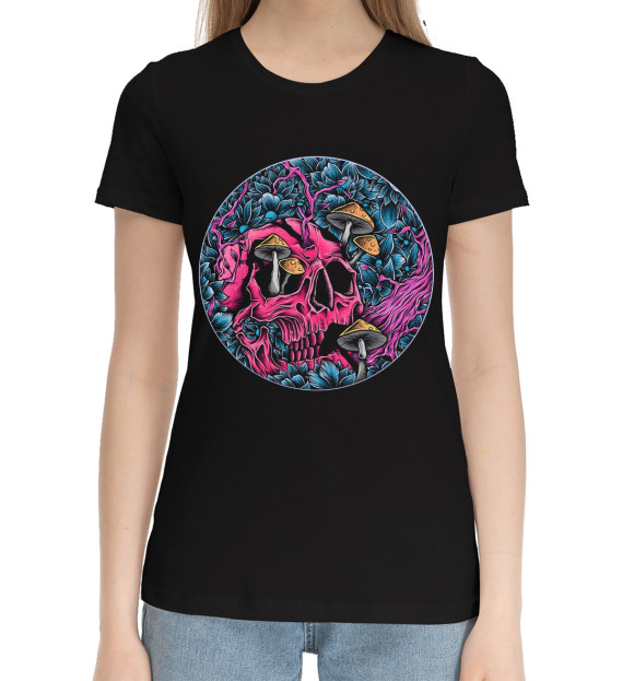 Женская хлопковая футболка с изображением Череп грибы цвета Черный