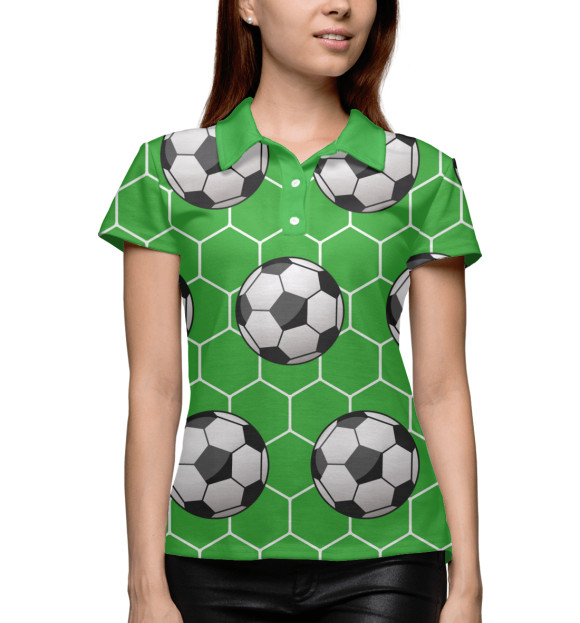 Женское поло с изображением Футбольные мячи на зеленом фоне цвета Белый
