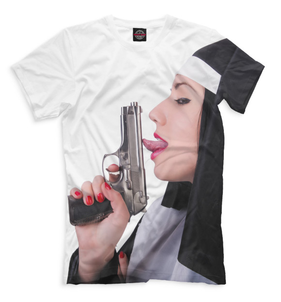 Мужская футболка с изображением Монашка с пистолетом цвета Молочно-белый