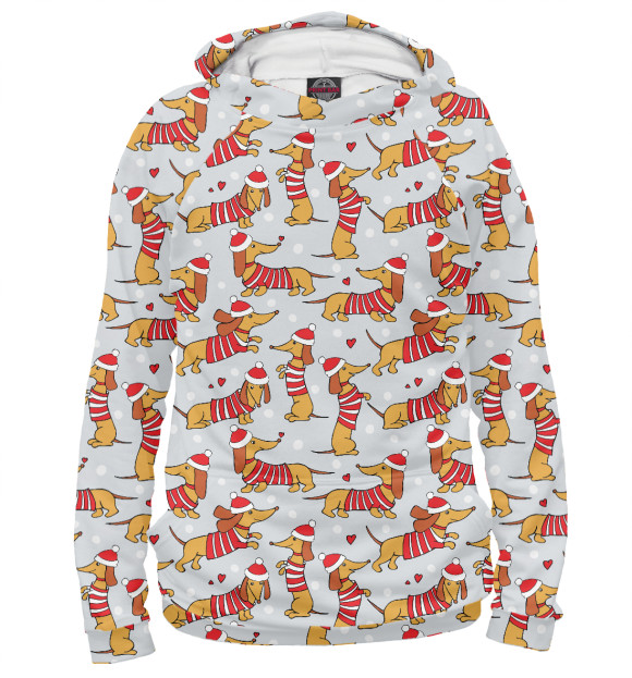 Мужское худи с изображением Новогодние таксы цвета Белый