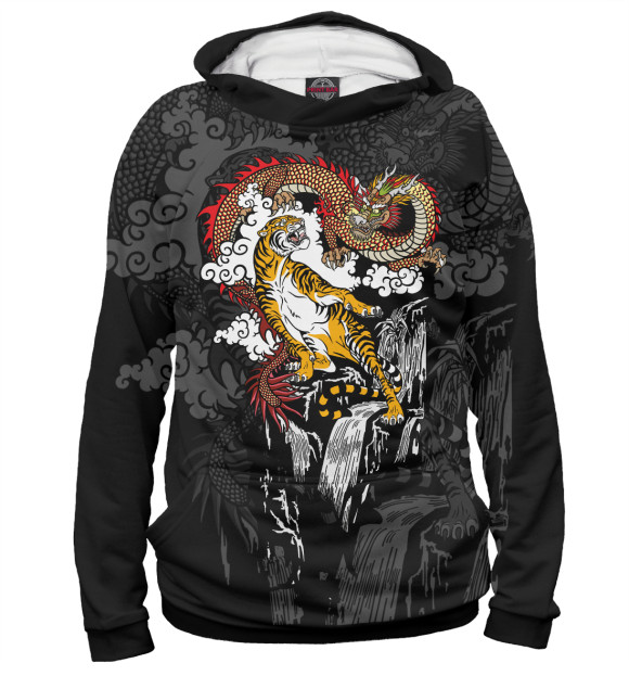 Мужское худи с изображением Тигр и дракон цвета Белый