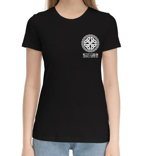 Женская хлопковая футболка с изображением Громовик воина/небо славян цвета Черный