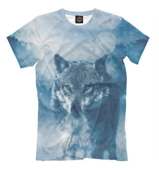 Мужская футболка Волк в снежном лесу
