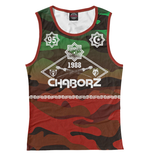 Женская майка с притом Akhmat Fight Club Chaborz цвета Белый Женская майка с изображением Akhmat Fight Club Chaborz цвета Белый