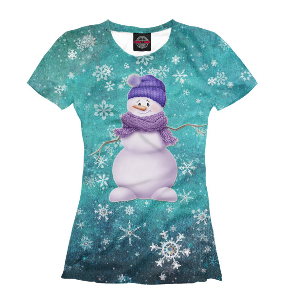 Женская футболка с изображением Снеговик в шарфе цвета Белый