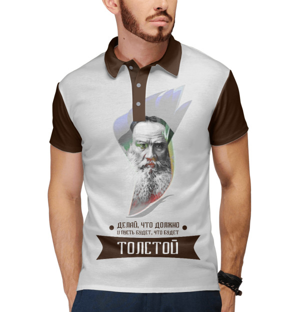 Мужское поло с изображением Лев Толстой цвета Белый
