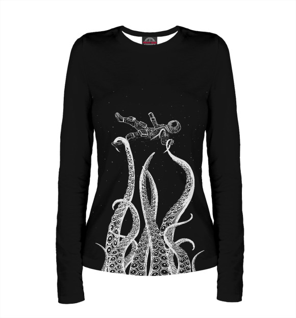 Женский лонгслив с изображением Космонавт и кракен цвета Белый