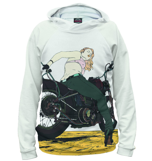 Мужское худи с изображением Девушка на мотоцикле цвета Белый