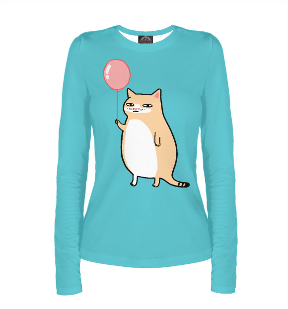 Женский лонгслив с притом Котик с шариком цвета Белый Женский лонгслив с изображением Котик с шариком цвета Белый