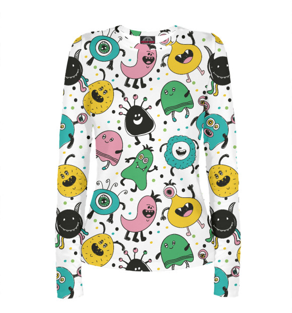 Женский лонгслив с притом Прикроватные монстры цвета Белый Женский лонгслив с изображением Прикроватные монстры цвета Белый