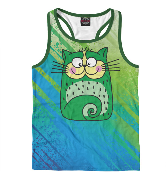 Мужская майка-борцовка с изображением Зеленый кот цвета Белый