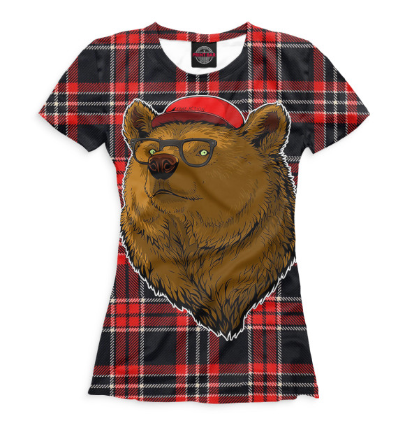 Женская футболка с изображением Медведь в очках и бейсболке цвета Белый