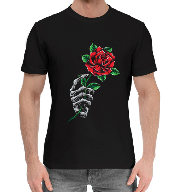 Мужская хлопковая футболка с изображением Роза в руке скелета цвета Черный