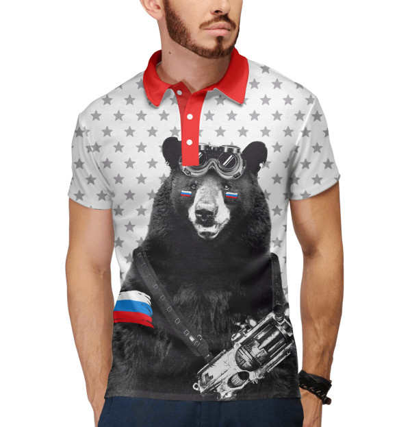 Мужское поло с изображением Армейский медведь цвета Белый