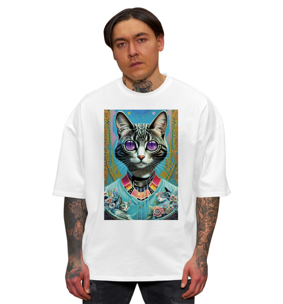 Мужская футболка оверсайз с изображением Кошечка с фиолетовыми глазами цвета Белый