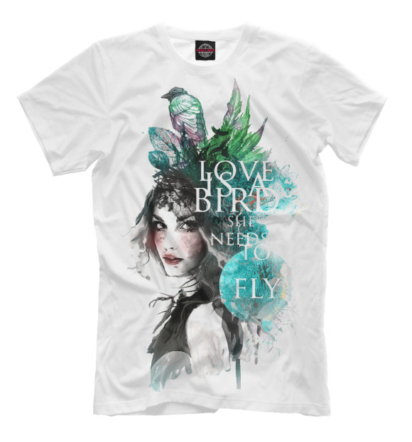 Мужская футболка с изображением Девушка с птицами и листьями цвета Молочно-белый