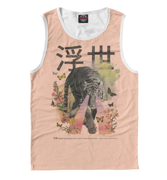 Майка для мальчика с притом Японский Тигр в стиле Укиё цвета Белый Майка для мальчика с изображением Японский Тигр в стиле Укиё цвета Белый