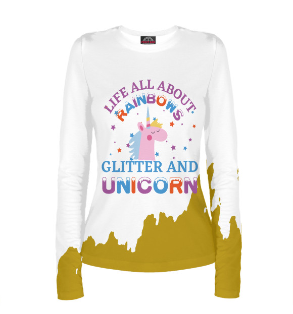 Женский лонгслив с притом Glitter and Unicorn цвета Белый Женский лонгслив с изображением Glitter and Unicorn цвета Белый