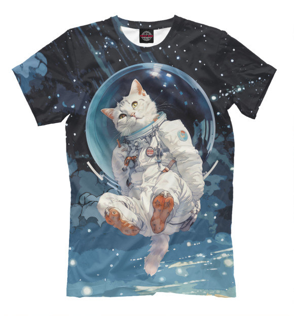 Мужская футболка с изображением Белый кот космонавт в невесомости цвета Белый