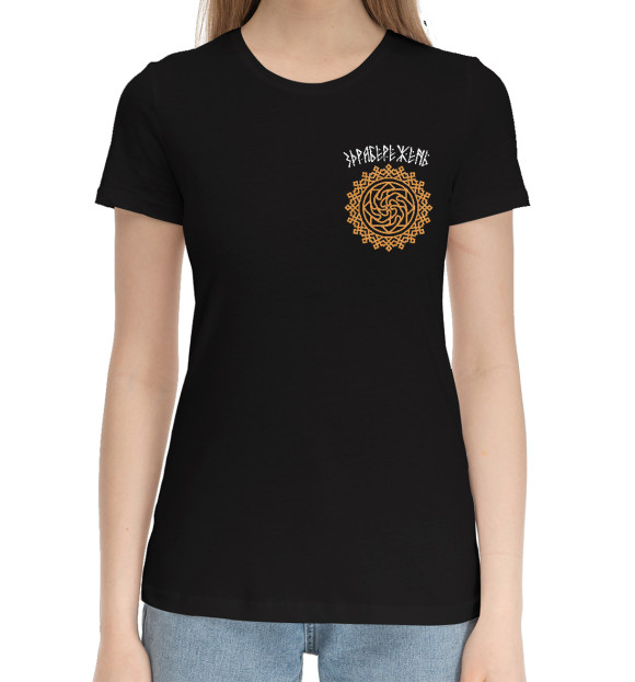 Женская хлопковая футболка с изображением Оберег Здрабережень цвета Черный