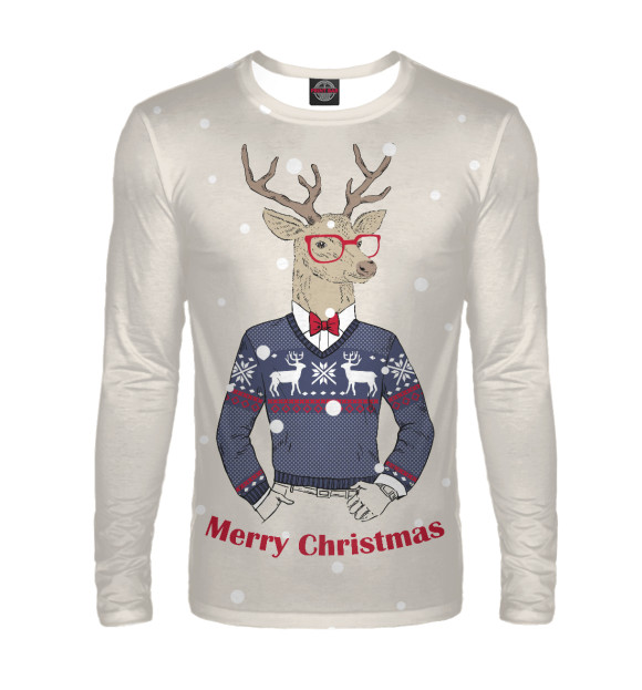 Мужской лонгслив с изображением Олень хипстер цвета Белый