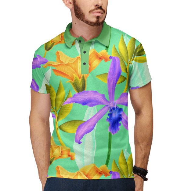 Мужское поло с изображением Яркие цветы цвета Белый