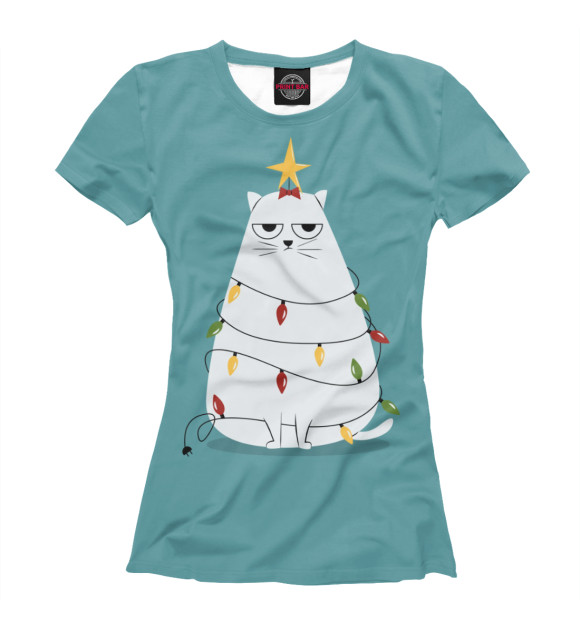 Женская футболка с изображением Cute christmas cat цвета Белый