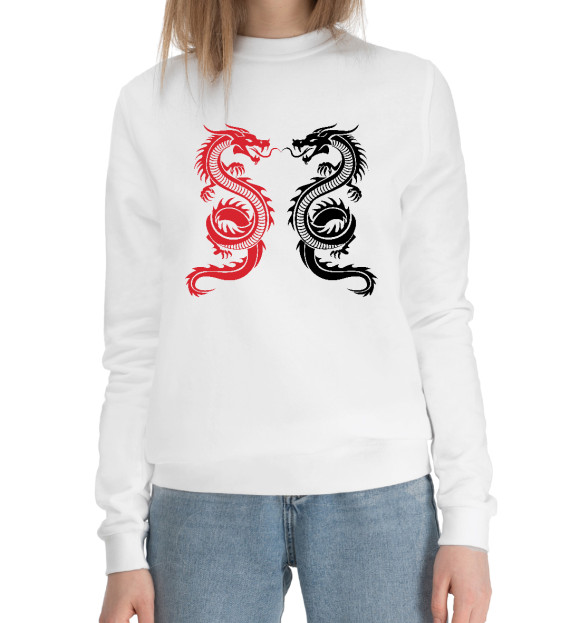 Женский хлопковый свитшот с притом Два Дракона цвета Белый Женский хлопковый свитшот с изображением Два Дракона цвета Белый