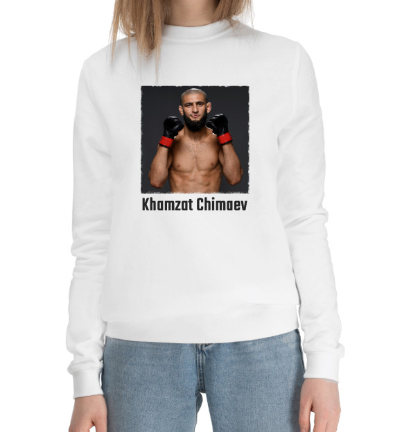Женский хлопковый свитшот с изображением Хамзат Чимаев цвета Белый