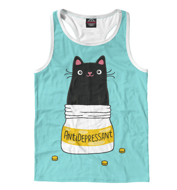 Мужская майка-борцовка с изображением Кот-Антидепрессант цвета Белый
