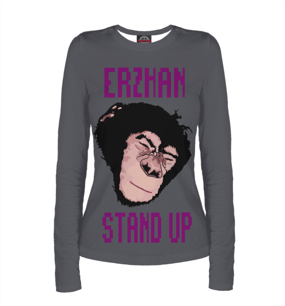 Женский лонгслив с притом Ержан вставай цвета Белый Женский лонгслив с изображением Ержан вставай цвета Белый