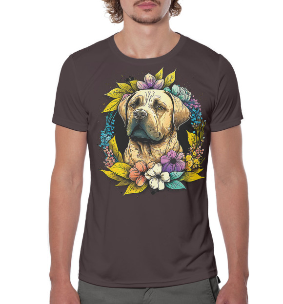 Мужская футболка с изображением Собака в венке цвета Белый