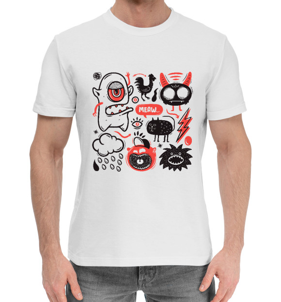 Мужская хлопковая футболка с изображением Смешные каракули с набором монстров цвета Белый