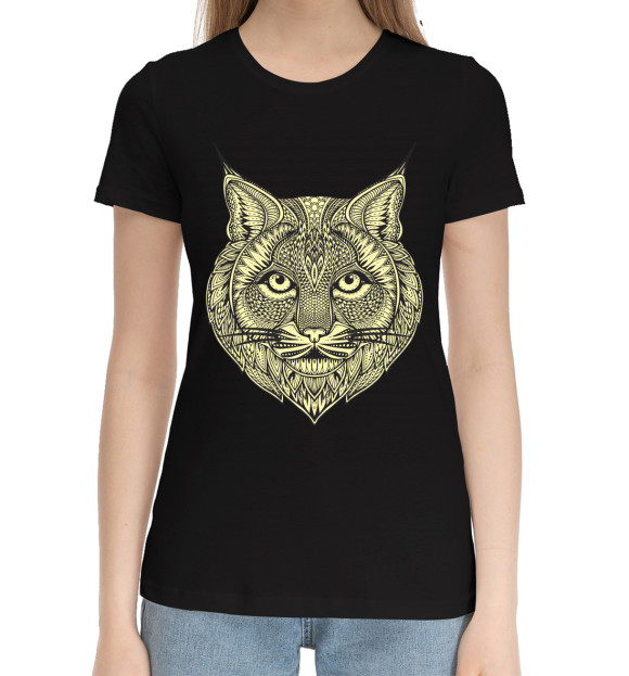 Женская хлопковая футболка с притом Желтая рысь цвета Черный Женская хлопковая футболка с изображением Желтая рысь цвета Черный