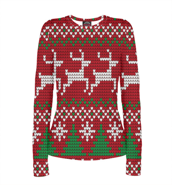 Женский лонгслив с изображением Свитер с оленями цвета Белый