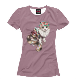 Женская футболка Милая кошечка с цветами (розовый фон)
