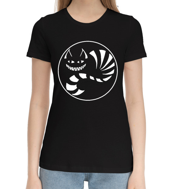 Женская хлопковая футболка с изображением Чеширский Кот Улыбка цвета Черный