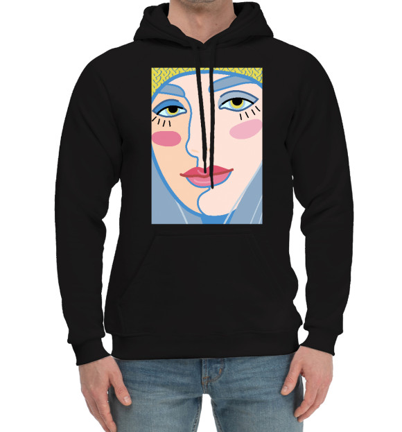 Мужской хлопковый худи с изображением Женское лицо с яркими губами цвета Черный