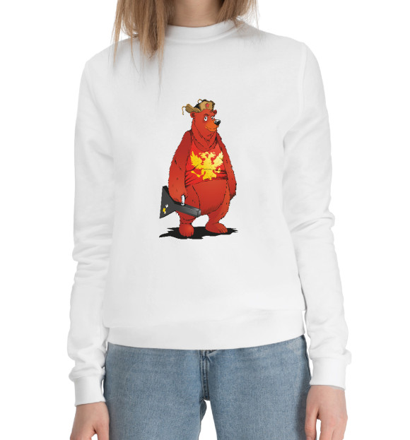 Женский хлопковый свитшот с изображением Медведь с балалайкой цвета Белый