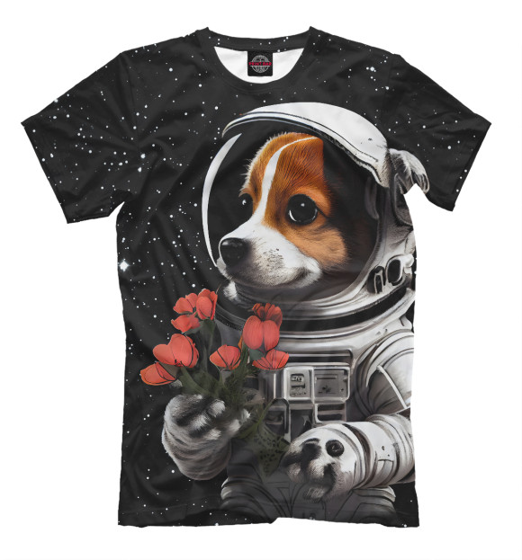 Мужская футболка с изображением Щенок космонавт с тюльпанами цвета Белый