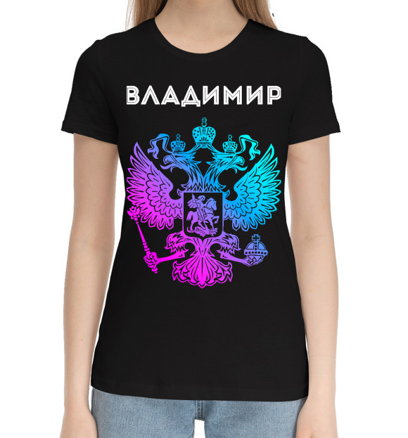 Женская хлопковая футболка с изображением Владимир Россия цвета Черный