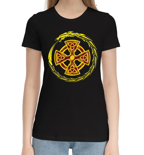 Женская хлопковая футболка с изображением Кельтский крест на чёрном цвета Черный