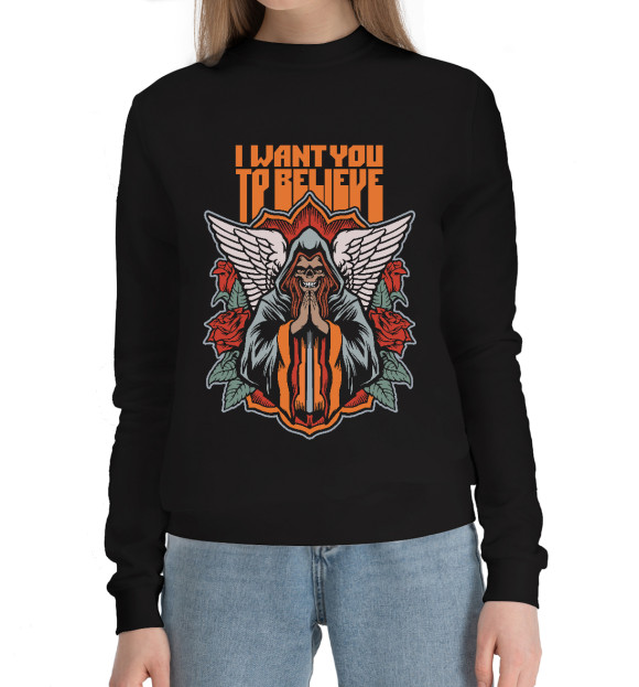 Женский хлопковый свитшот с изображением I want you to believe цвета Черный