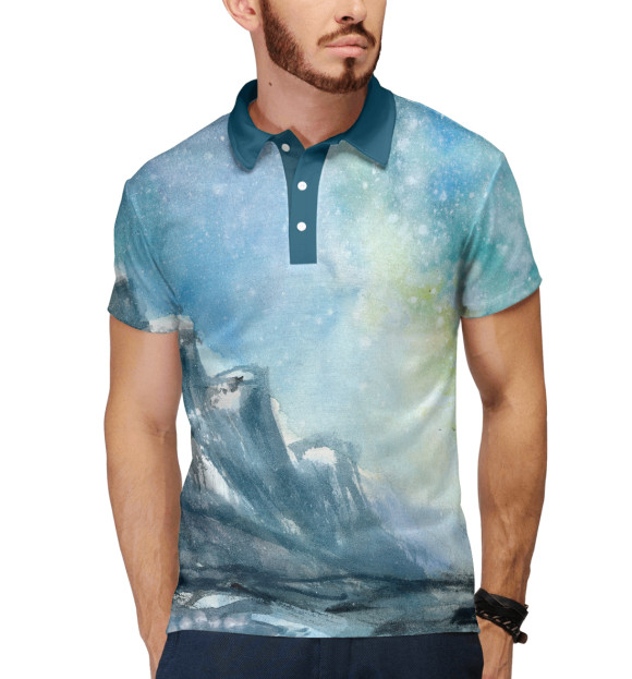 Мужское поло с изображением Снежные горы и небо цвета Белый