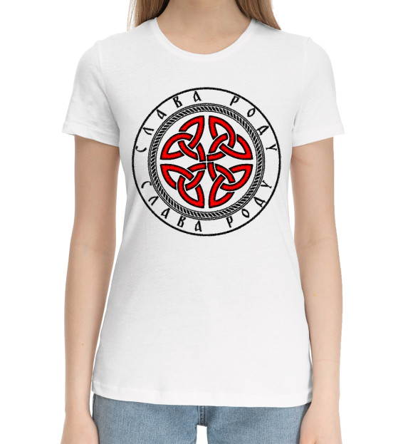 Женская хлопковая футболка с изображением Слава Роду/Символ Коловрат цвета Белый