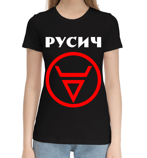 Женская хлопковая футболка с изображением Русич - Символ Велеса цвета Черный