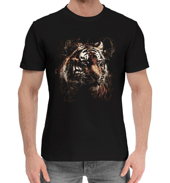 Мужская хлопковая футболка с изображением Тигр цвета Черный