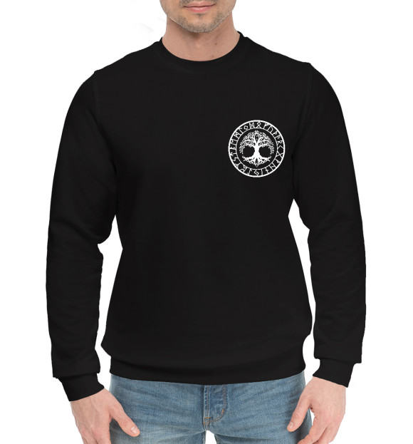 Мужской хлопковый свитшот с изображением Дерево Иггдрасиль в рунах цвета Черный