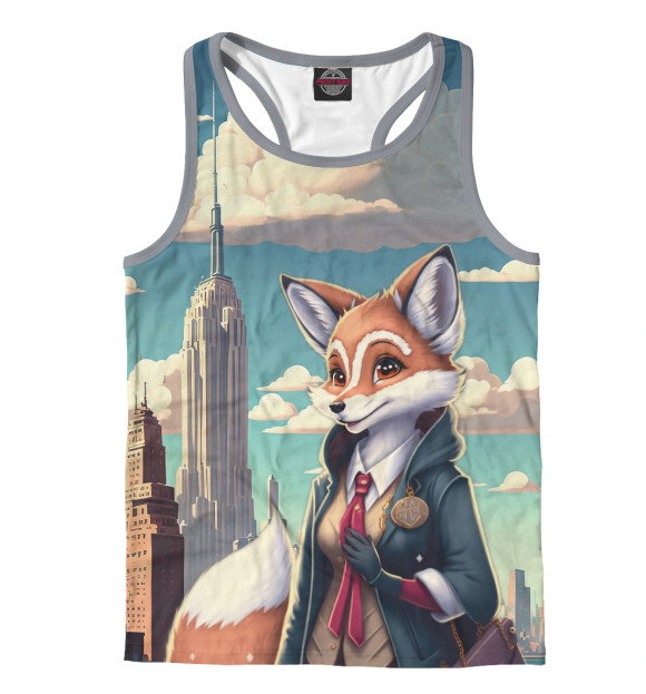 Мужская майка-борцовка с изображением Лисица в мегаполисе цвета Белый